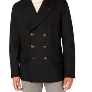 Tallia men's double-breasted pea coat black wool W/red Accents Size Small